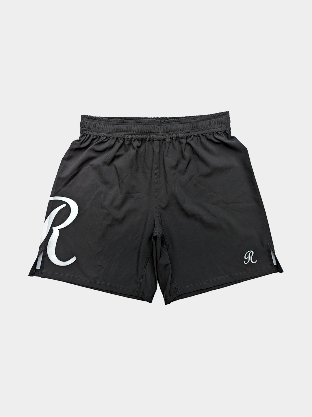 Black Roll Co BJJ MMA shorts with white R logo - Front