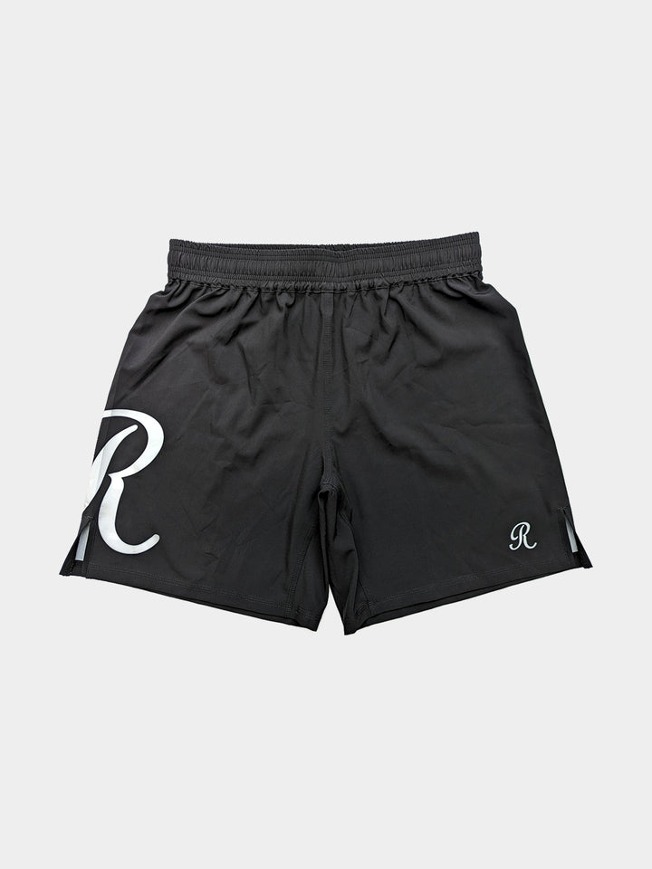 Black Roll Co BJJ MMA shorts with white R logo - Front