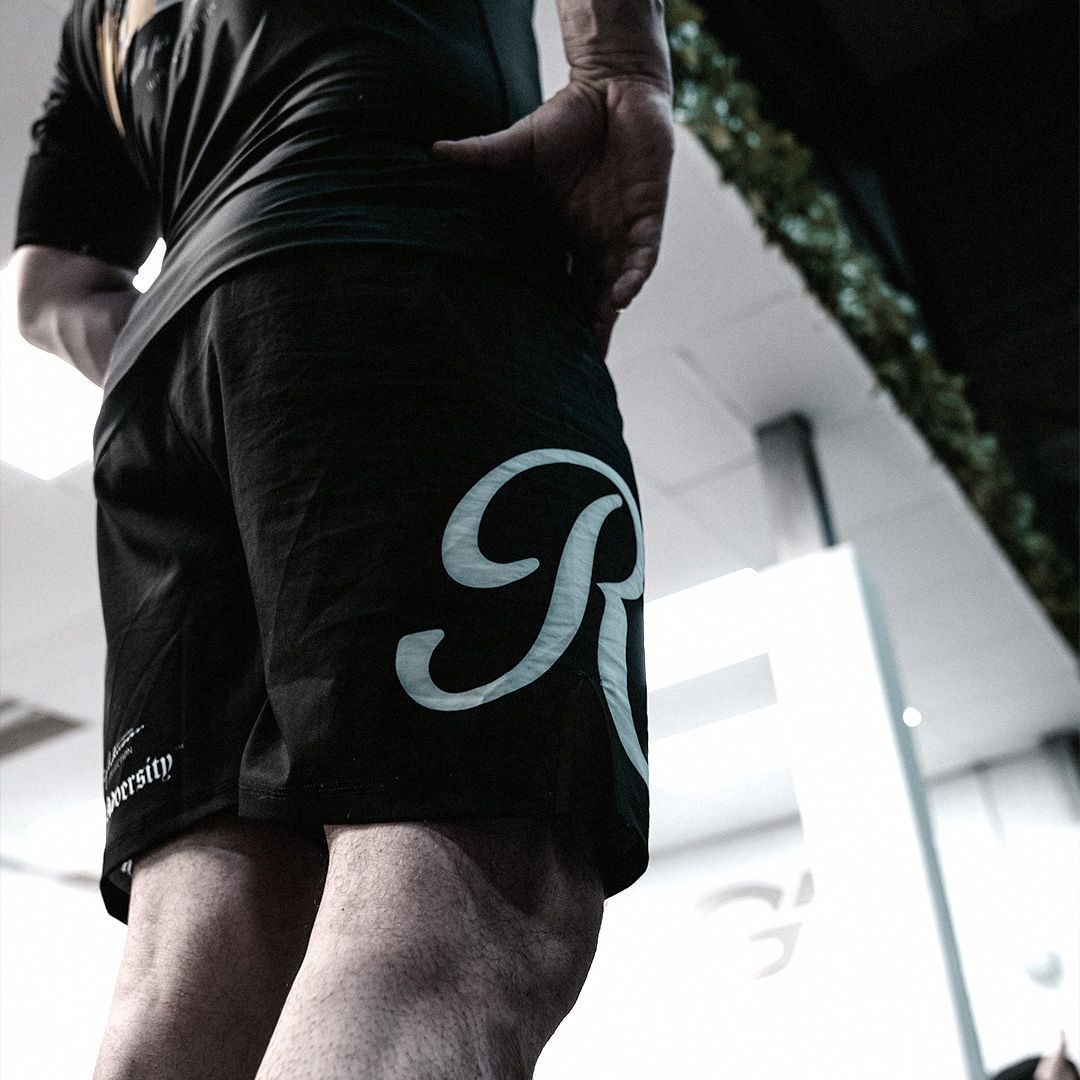Black Roll Co BJJ MMA shorts with white R logo - Standing 2