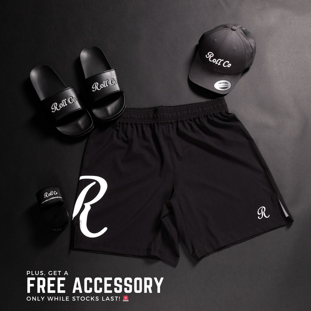 Black Roll Co BJJ MMA shorts with white R logo - With Free Accessory