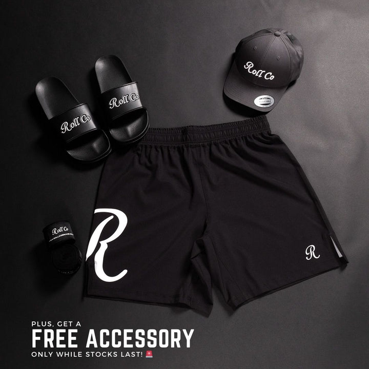 Black Roll Co BJJ MMA shorts with white R logo - With Free Accessory